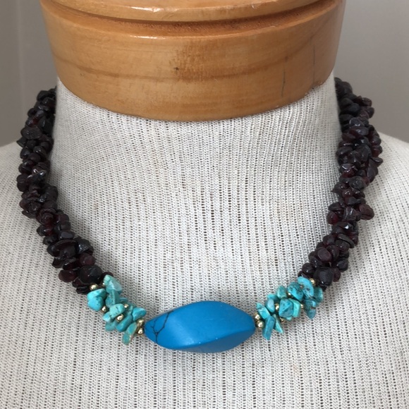 Vintage Rough Cut Garnet, Turquoise and Howelite Necklace - Picture 8 of 14